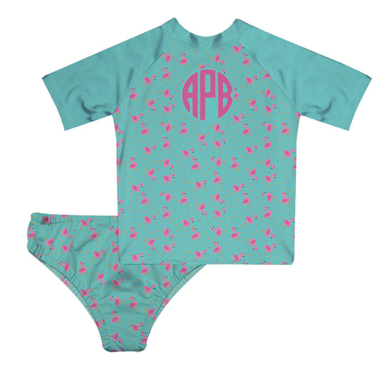 Flamingos Print Personalized Monogram Blue 2pc Short Skeeve  Rash Guard