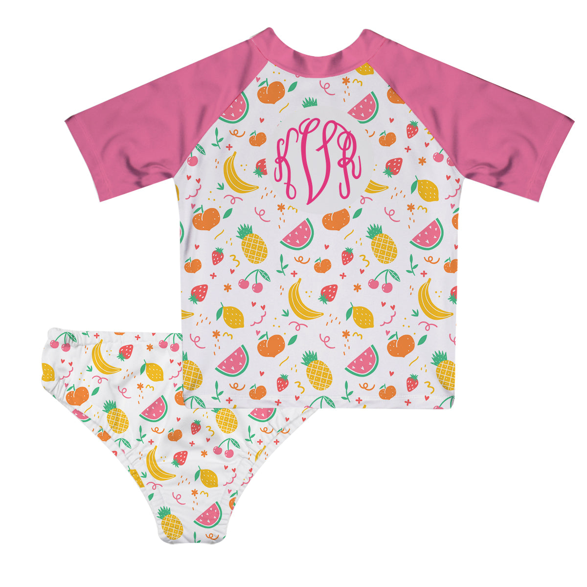 Fruits Print Personalized Monogram White and Pink 2pc Short Sleeve Rash Guard