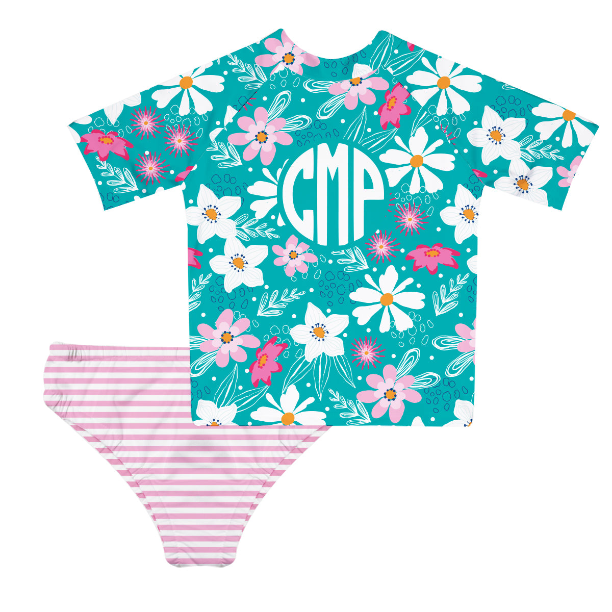 Floral Print Personalized Monogram Turquoise 2pc Short Sleeve Rash Guard