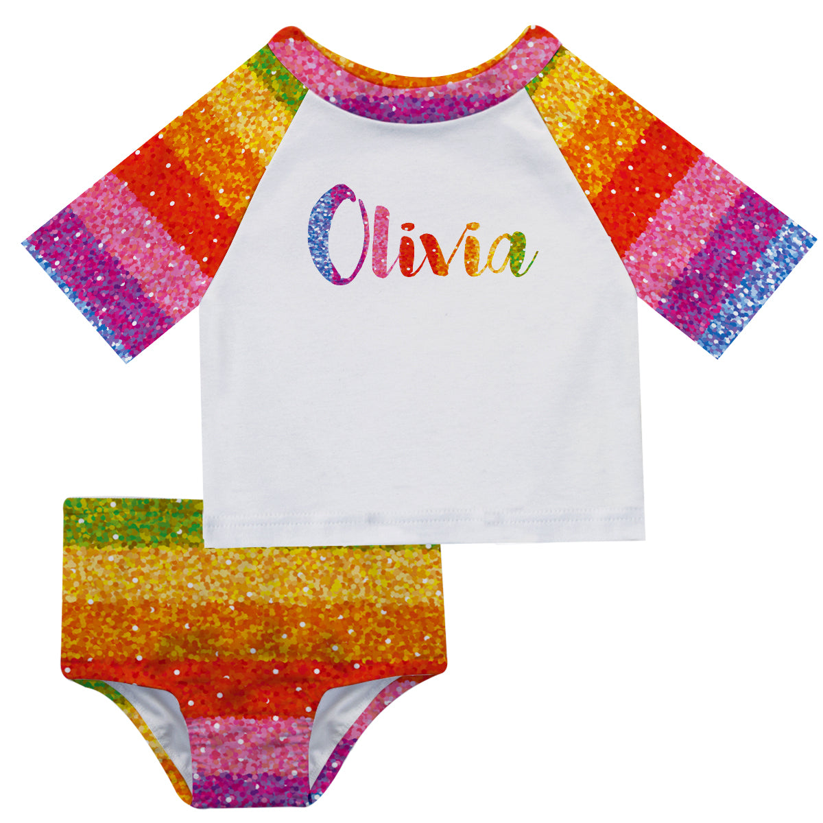 Glitter Color Name White 2pc Short Sleeve Rash Guard