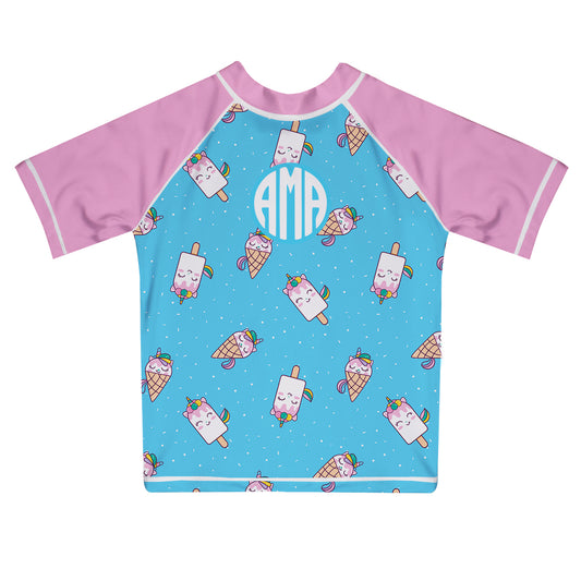 Ice Creamcorn Personalized Monogram Aqua Short Sleeve Rash Guard