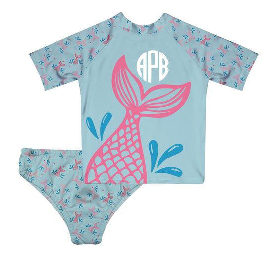 Mermaid Personalized Monogram Light Blue 2pc Short Sleeve Rash Guard