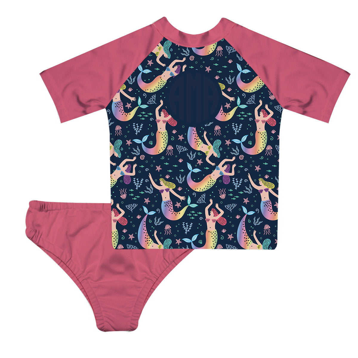 Mermaid Monogram Navy And Pink 2pc Short Sleeve Rash Guard - Wimziy&Co.