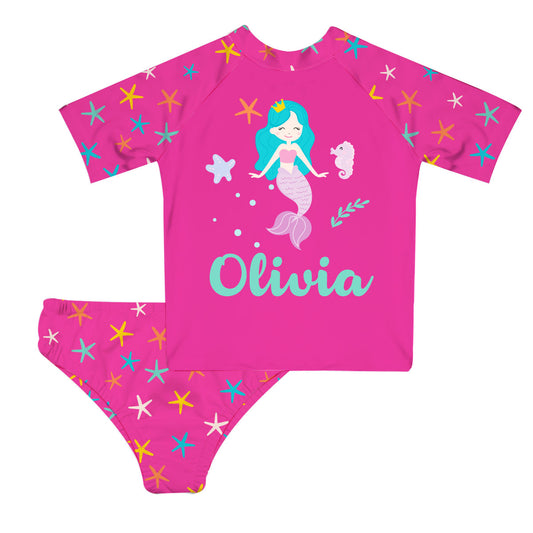 Mermaid Name Hot Pink 2pc Short Sleeve Rash Guard