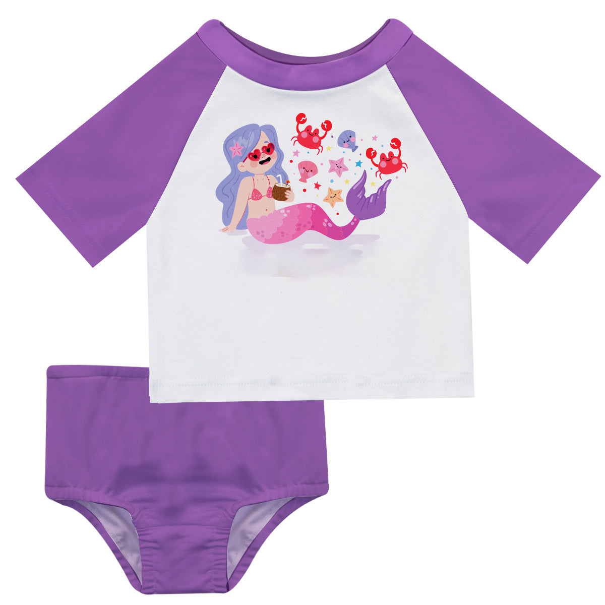 Mermaid Name White and Purple 2pc Short Sleeve Rash Guard - Wimziy&Co.
