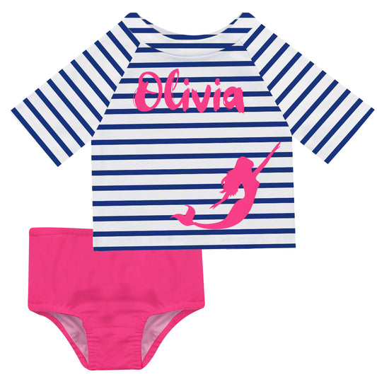 Mermaid Name White and Navy Stripes 2pc Short Sleeve Rash Guard