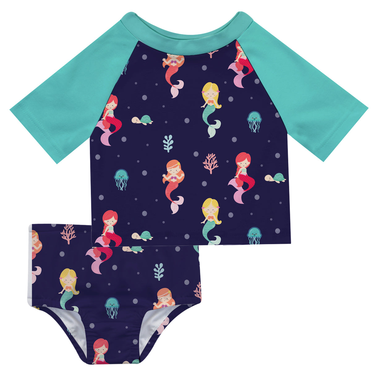 Mermaids Print Purple and Turquoise 2pc Short Sleeve Rash Guard - Wimziy&Co.