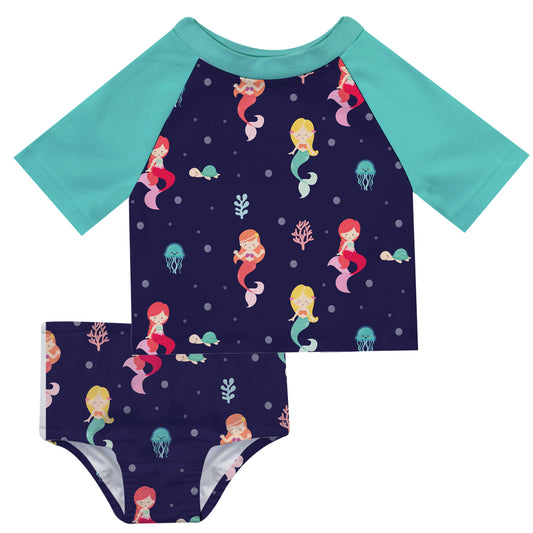 Mermaids Print Purple and Turquoise 2pc Short Sleeve Rash Guard - Wimziy&Co.
