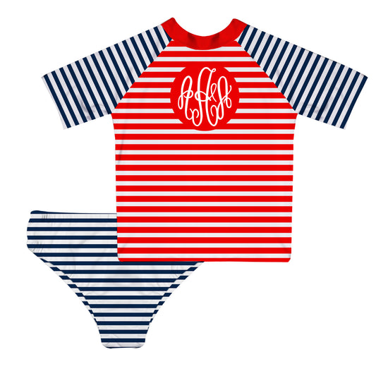 Monogram Red And Navy Stripes 2pc Short Sleeve Rash Guard