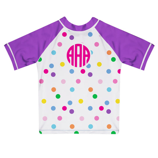 Polka Dots Monogram White and Purple Short Sleeve Rash Guard - Wimziy&Co.