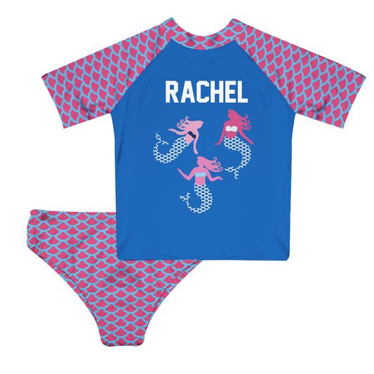 Mermaid Personalized Name Royal 2pc Short Sleeve Rash Guard