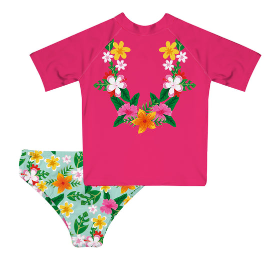 Tropical Flowers Hot Pink and Light Aqua 2pc Short Sleeve Rash Guard