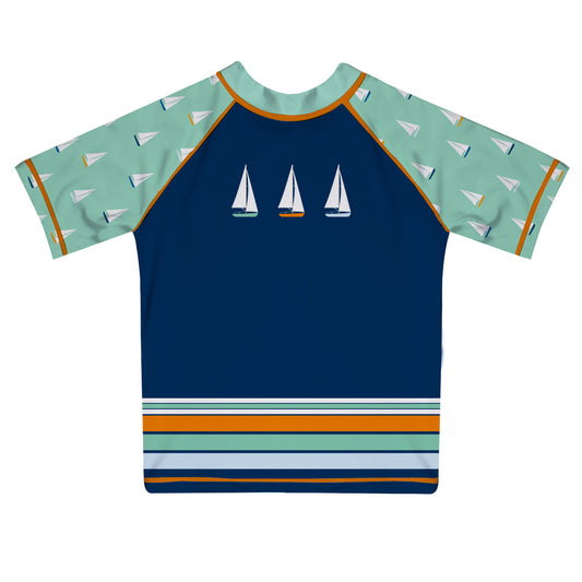 Boats Navy and Mint Short Sleeve Rash Guard
