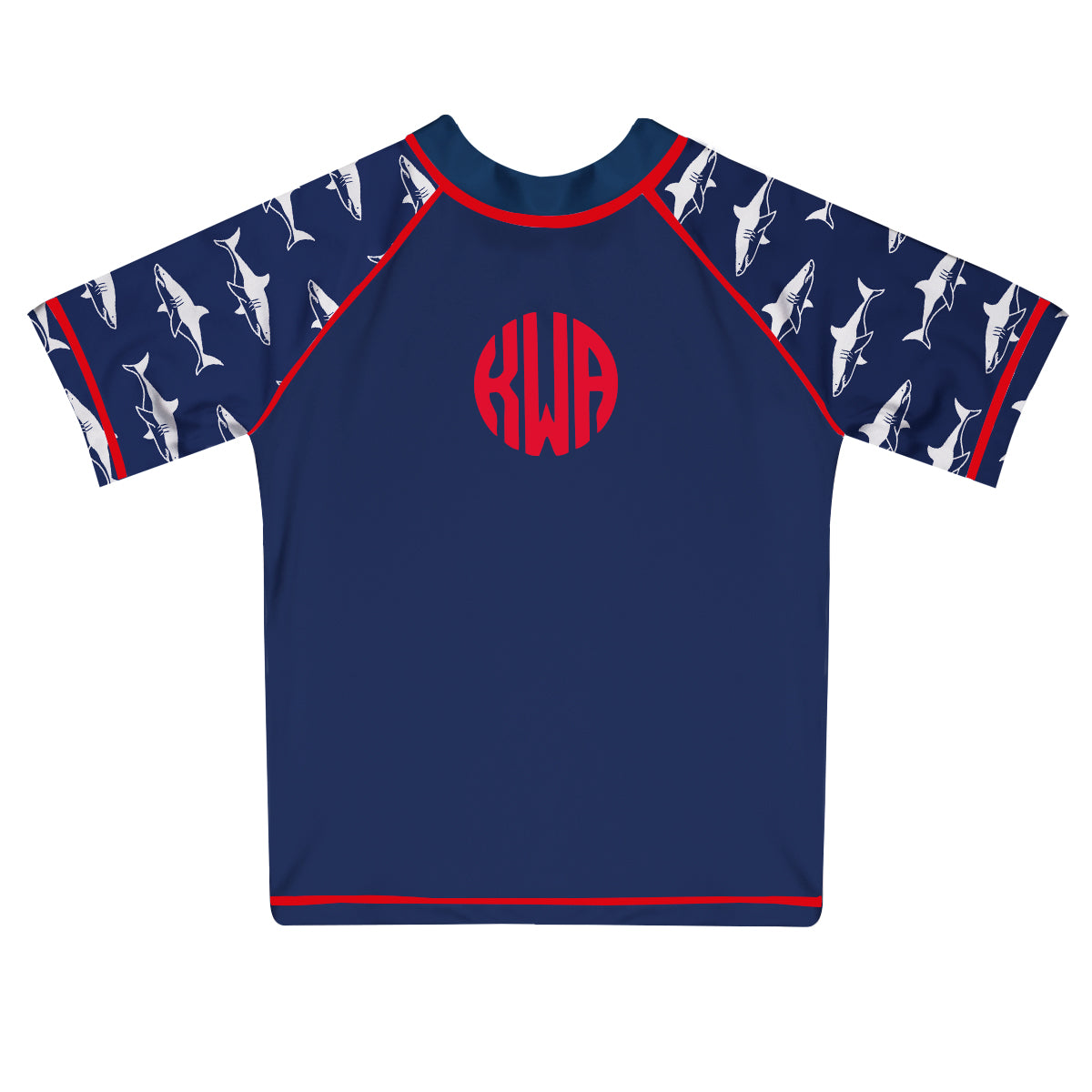 Sharks Print Personalized Monogram Navy Short Sleeve Rash Guard