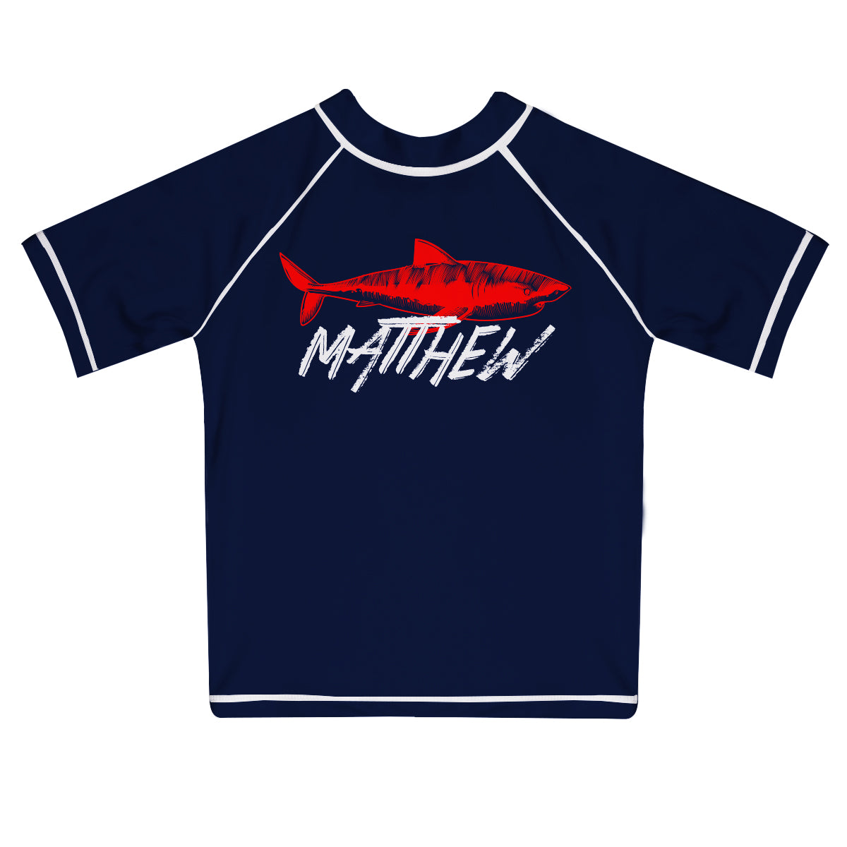 Shark Personalized Name Navy Short Sleeve Rash Guard