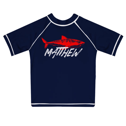 Shark Personalized Name Navy Short Sleeve Rash Guard