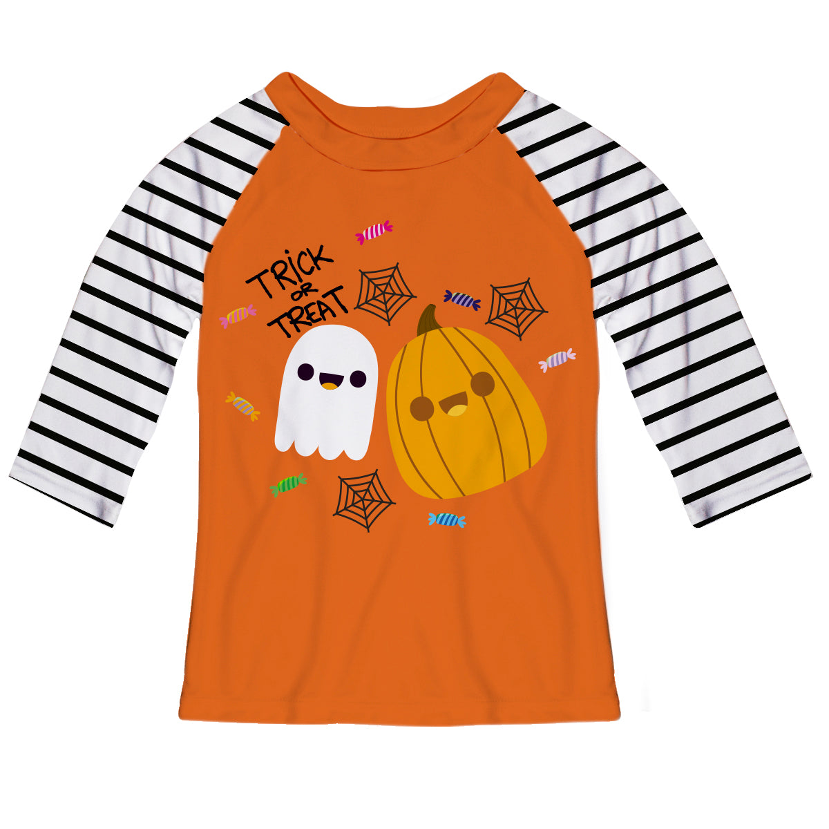 Trick Or Treat Orange And White Stripes Raglan Tee Shirt 3/4 Sleeve