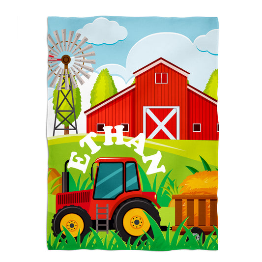 Farm Tractor Personalized Name Blue and Green Fleece Blanket 48 x 58