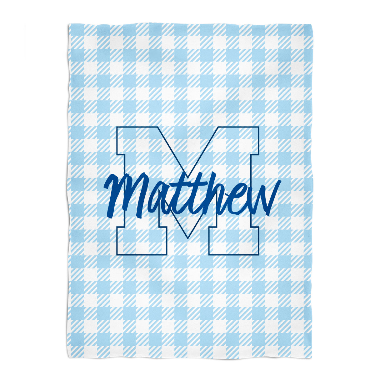 Personalized Initial and Name Light Blue Check Plush Minky Throw 38 x 47