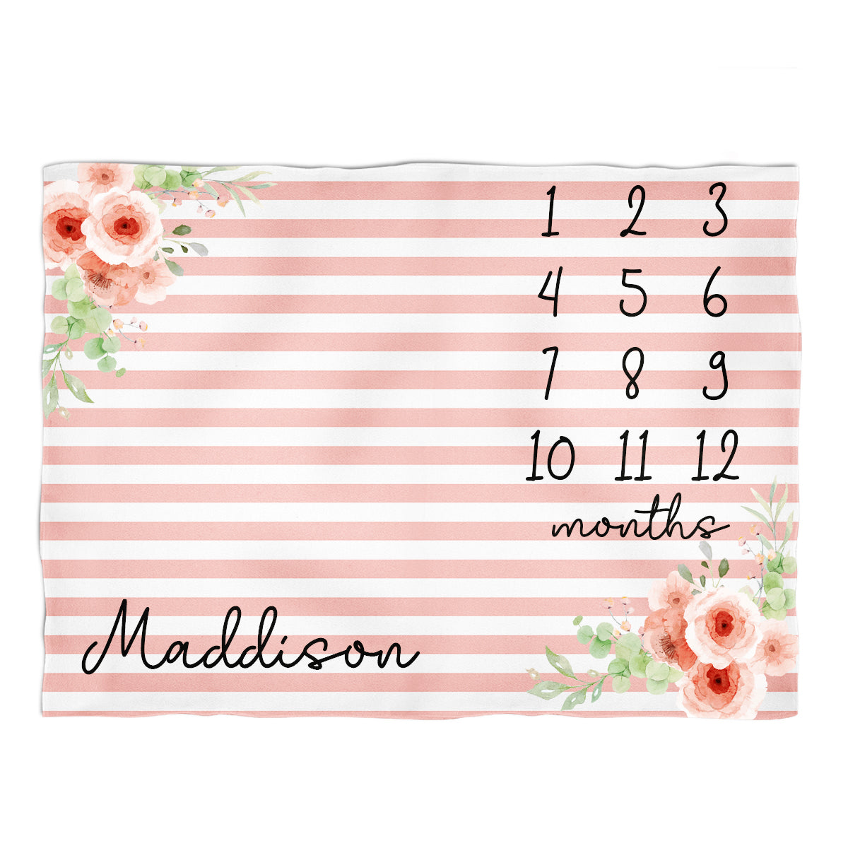 Roses Personalized Name White and Coral Stripes Plush Minky Throw 38 x 47