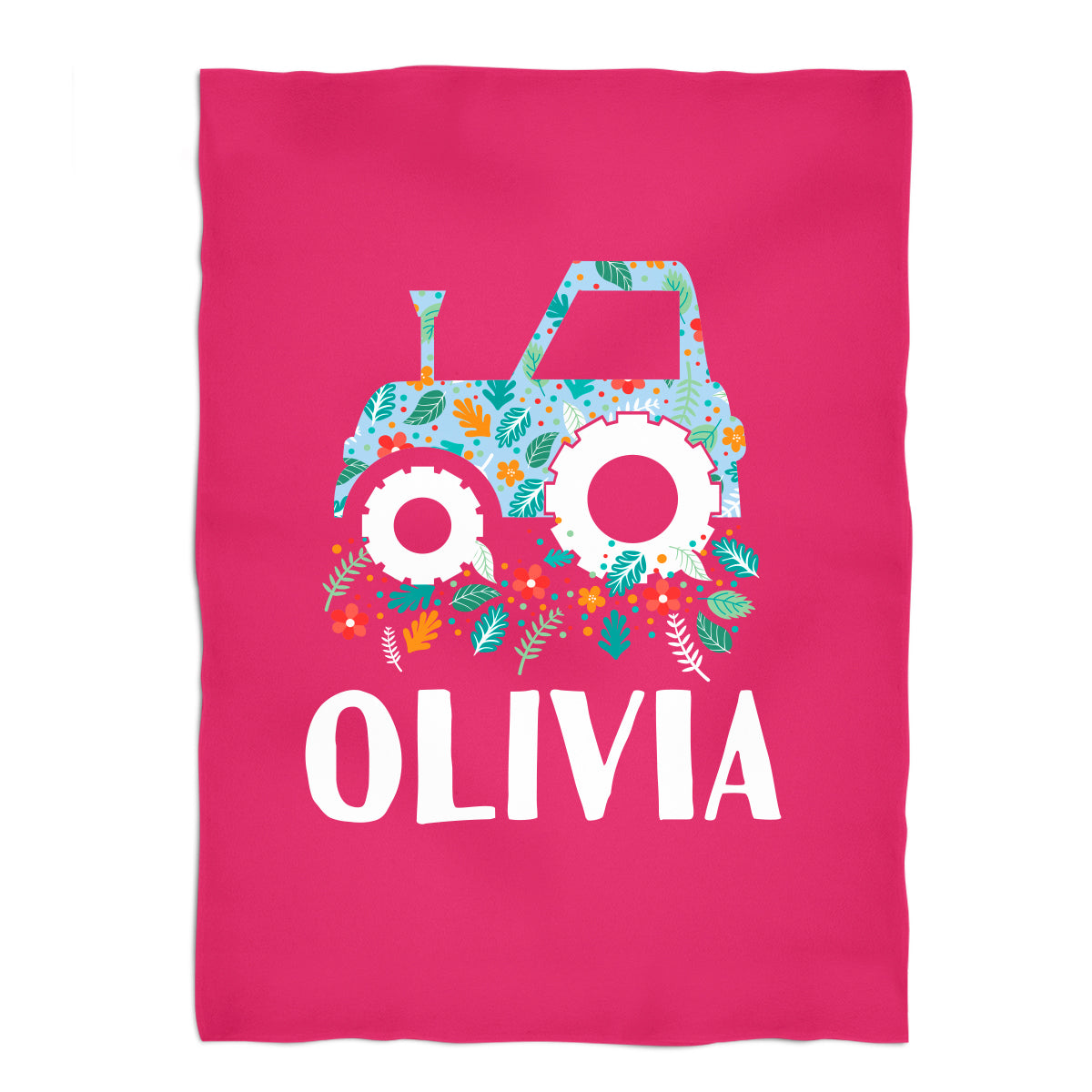 Tractor Flowers Personalized Name Hot Pink Fleece Blanket 48 x 58
