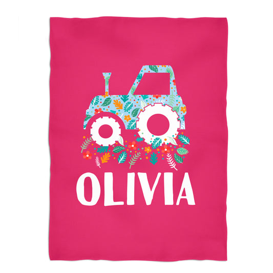 Tractor Flowers Personalized Name Hot Pink Fleece Blanket 48 x 58
