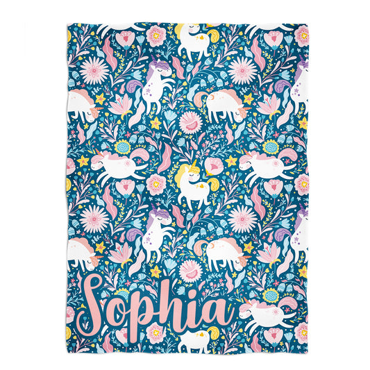 Unicorn Print Personalized Name Navy Minky Throw 38 x 47