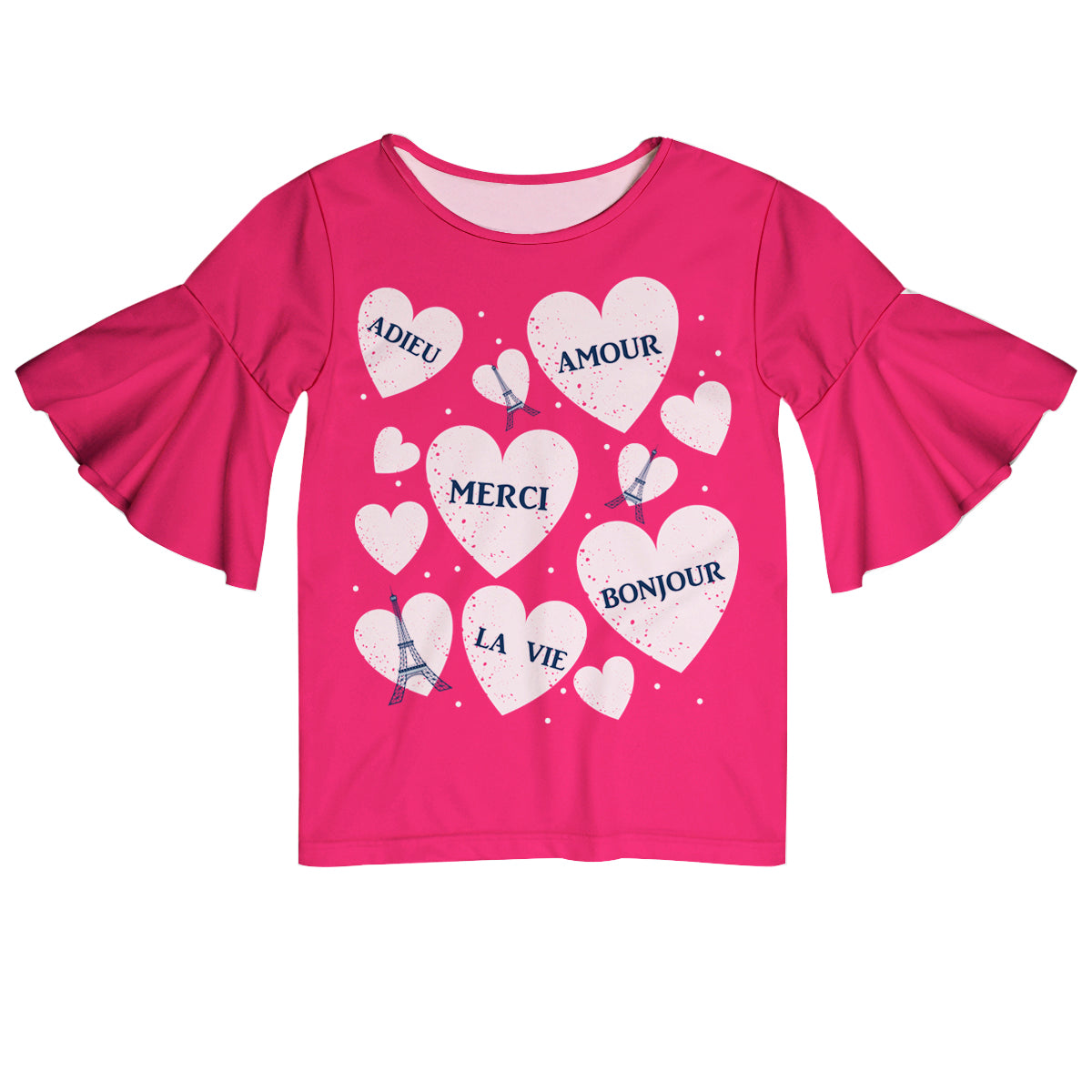 Hearts and Eiffel Hot Pink Short Sleeve Ruffle Top