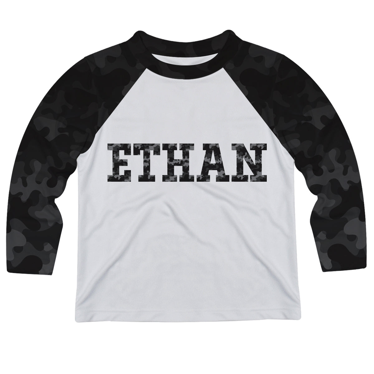 Camo Black Personalized Name White Raglan Long Sleeve Tee Shirt