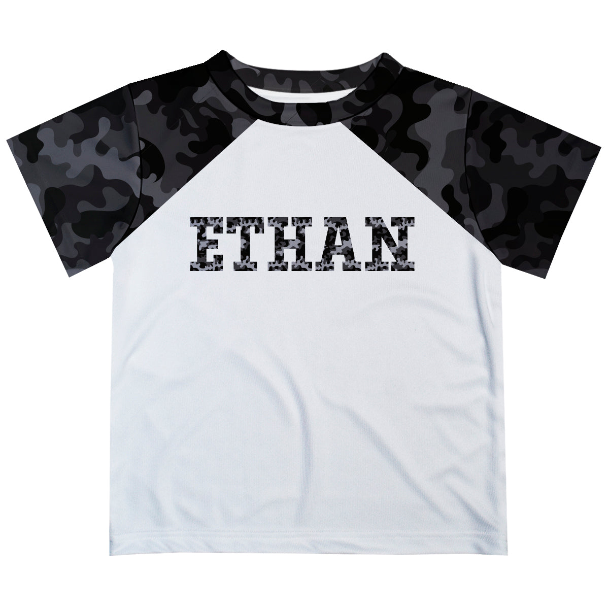 Camo Black Personalized Name White Raglan Short Sleeve Tee Shirt