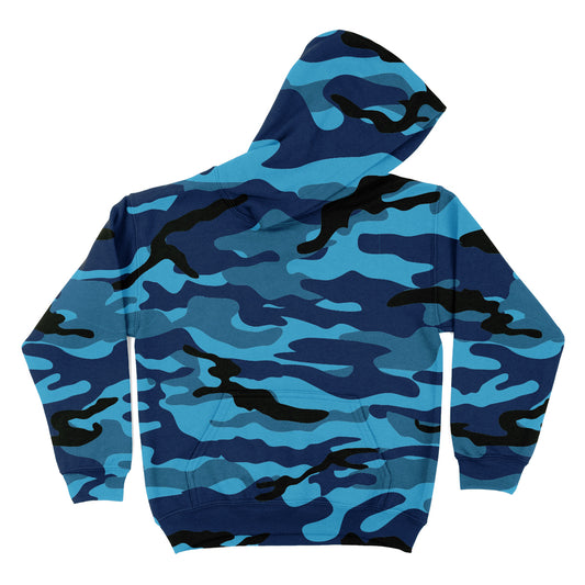 Camo Print Blue and Black Fleece Long Sleeve Hoodie Tee Shirt