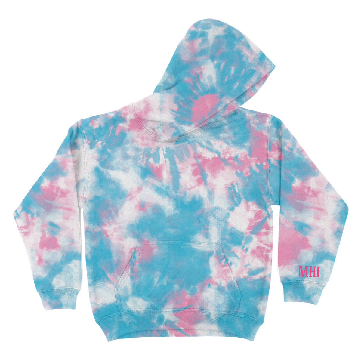 Tie Dye Personalized Monogram Blue and Pink Fleece Long Sleeve Hoodie
