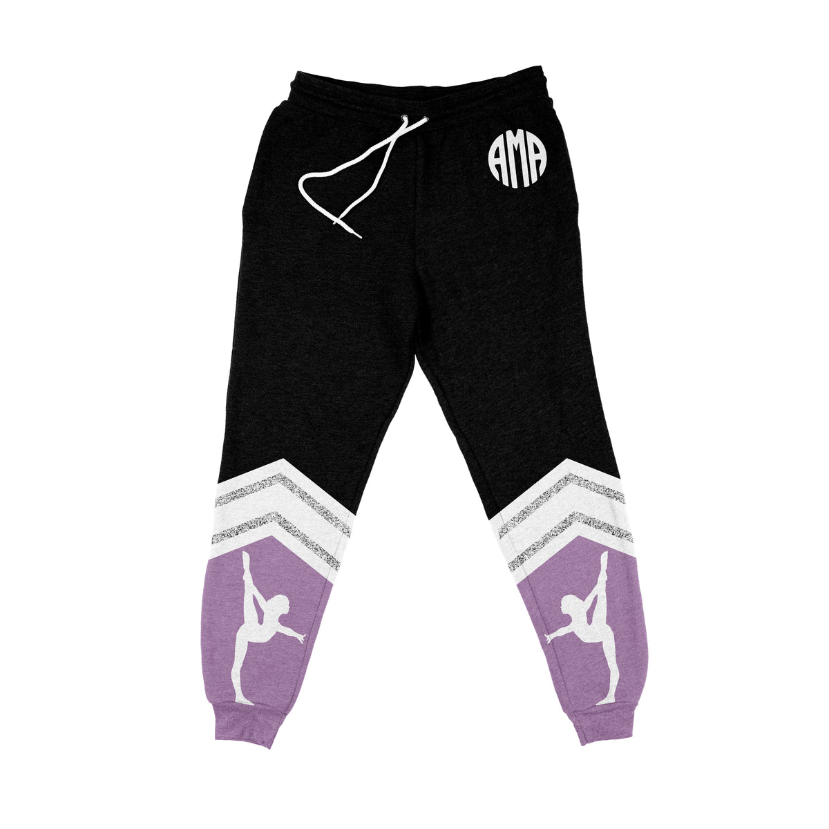 Gymnastics Silhouettes Personalized Monogram Black White and Purple Jogger