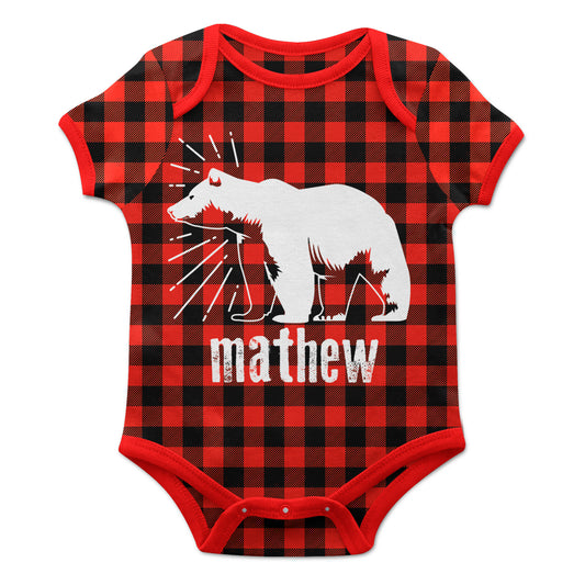 Boys red and black bear short sleeve onesie with name - Wimziy&Co.