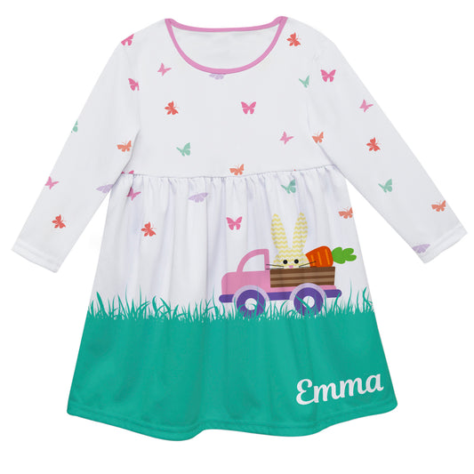 Bunny Truck Name White And Aqua Long Sleeve Epic Dress - Wimziy&Co.