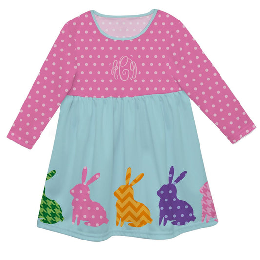Bunnies Monogram Aqua And Pink Long Sleeve Epic Dress - Wimziy&Co.