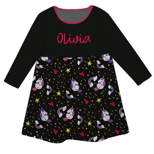 Unicorn and Rainbow Name Black Long Sleeve Epic Dress - Wimziy&Co.