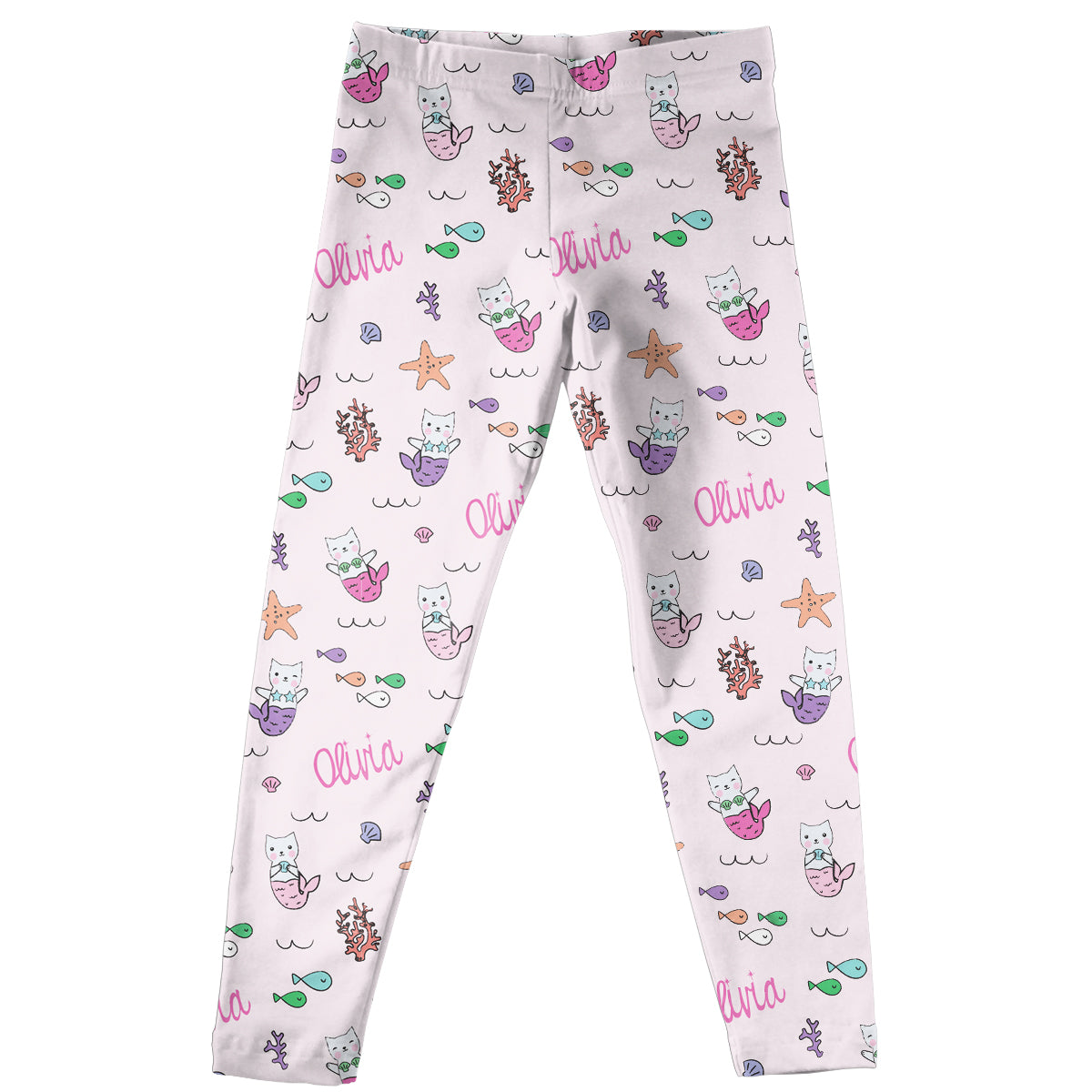 Cat Mermaid Name Print White Leggings - Wimziy&Co.
