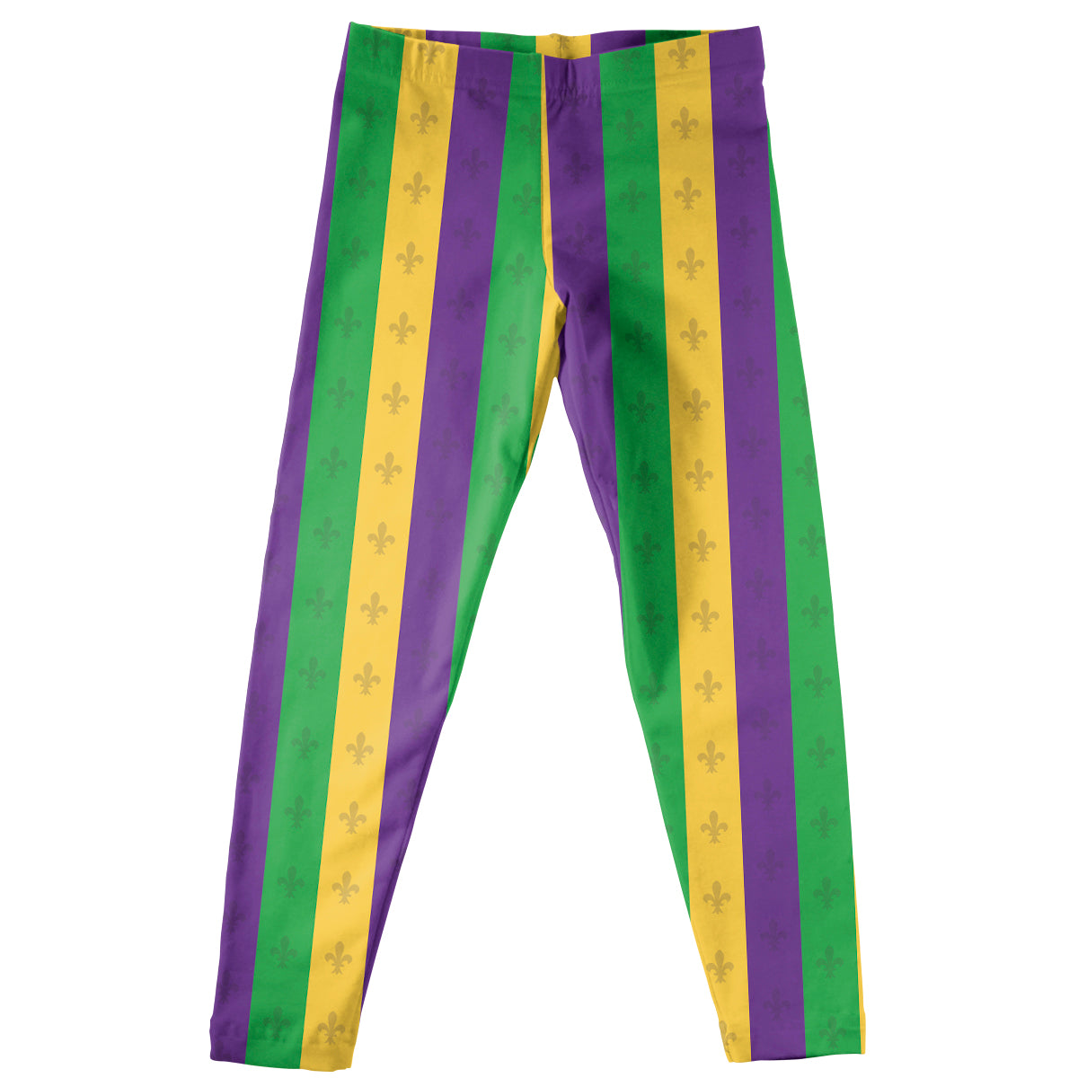 Fleur De Lis Print Yellow Purple And Green Stripes Leggings - Wimziy&Co.