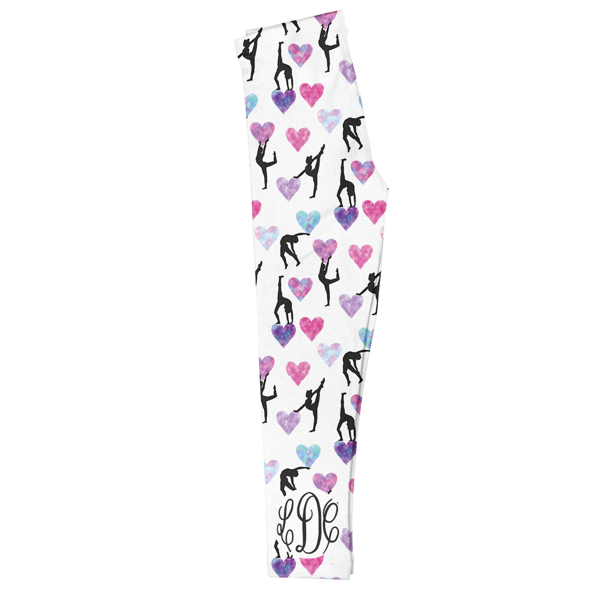 Gymnast And Hearts Print Monogram White Leggings - Wimziy&Co.