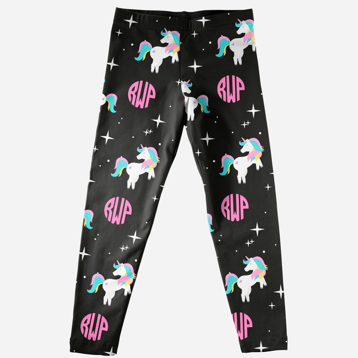 Unicorn and Monogram Print Black Leggings - Wimziy&Co.