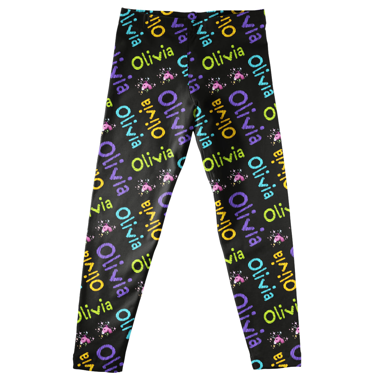 Unicorn and Name Print Black Leggings - Wimziy&Co.