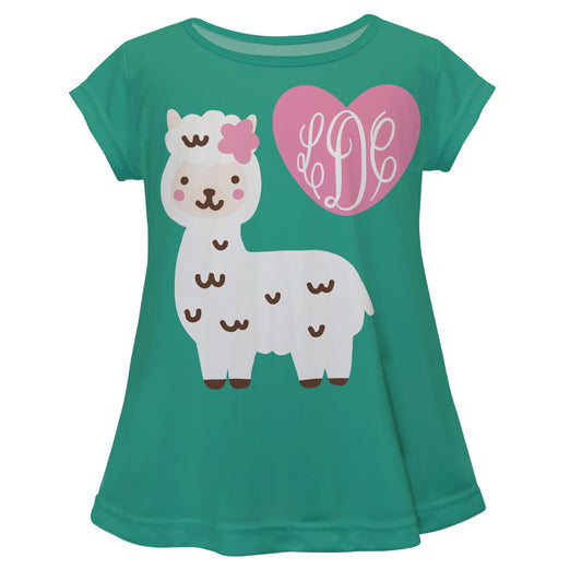 Green and white llama short sleeve blouse with monogram - Wimziy&Co.