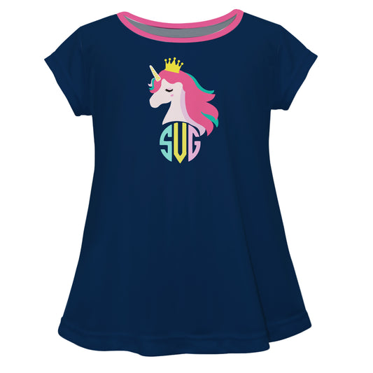Unicorn Princess Monogram Navy Short Sleeve Laurie Top - Wimziy&Co.