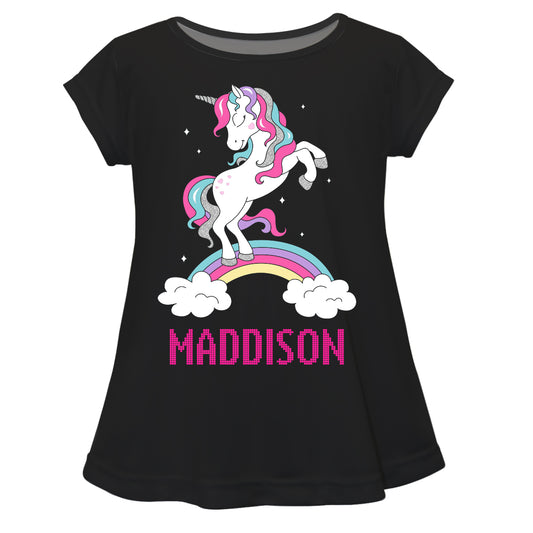 Unicorn Rainbow Name Black Short Sleeve Laurie Top - Wimziy&Co.