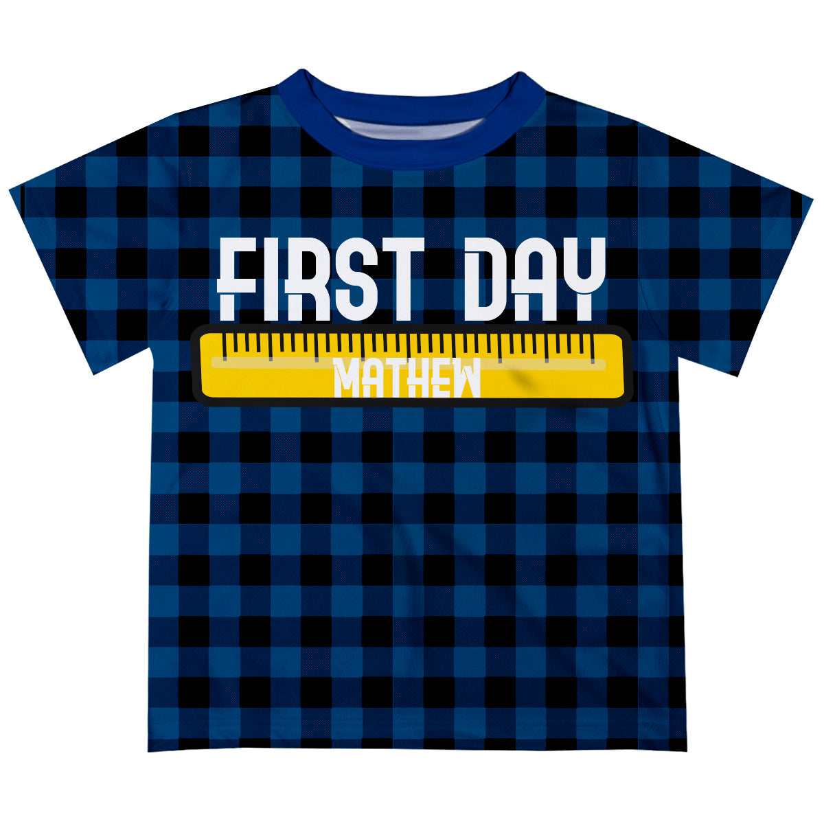 White First Day Name Plaid Navy Black Boys TShirt SS - Wimziy&Co.