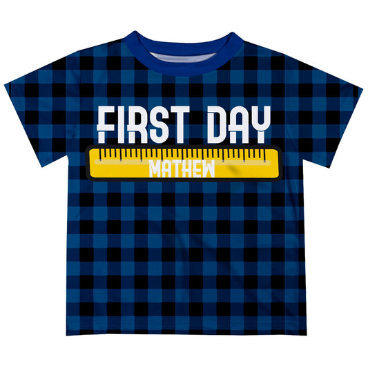 White First Day Name Plaid Navy Black Boys TShirt SS - Wimziy&Co.
