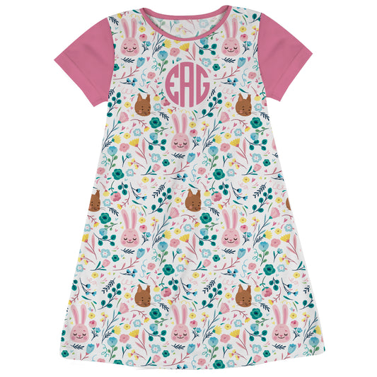 Animals And Flowers Print White And Pink Short Sleeve A Line Dress - Wimziy&Co.