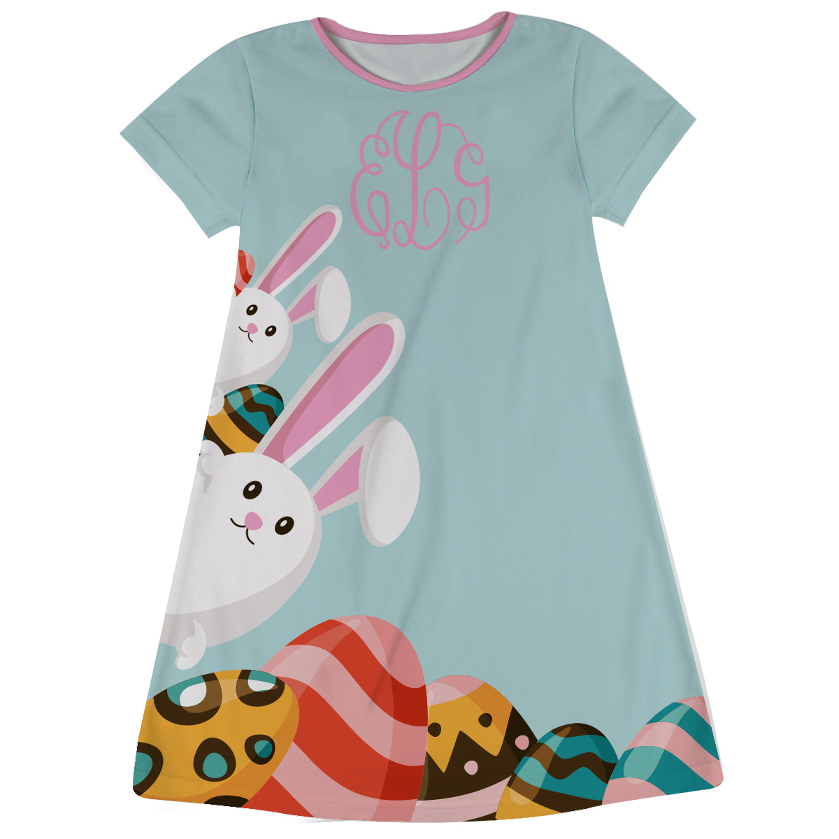 Bunny Monogram Light Blue Short Sleeve A Line Dress - Wimziy&Co.