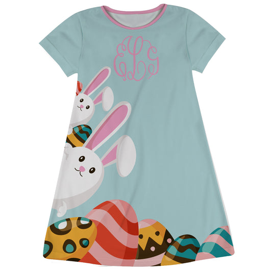 Bunny Monogram Light Blue Short Sleeve A Line Dress - Wimziy&Co.